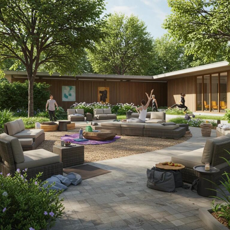 Holistic drug rehabilitation center with individuals practicing mindfulness in a serene outdoor setting