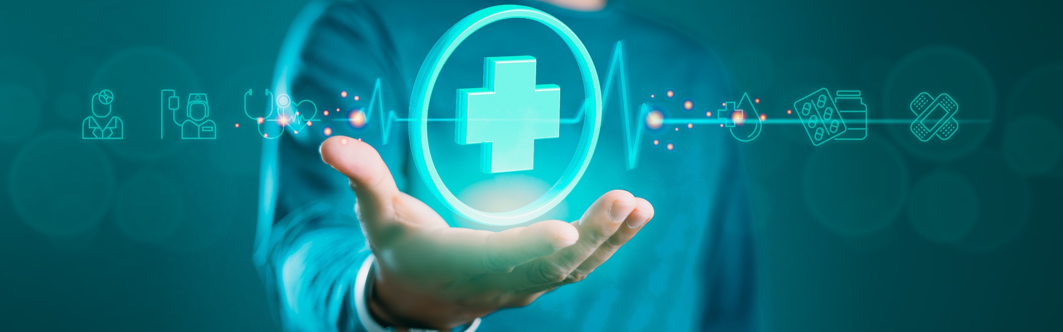 A healthcare professional in teal scrubs is holding his hand out with a glowing digital medical cross icon and connected healthcare symbols representing drug rehab costs and services.